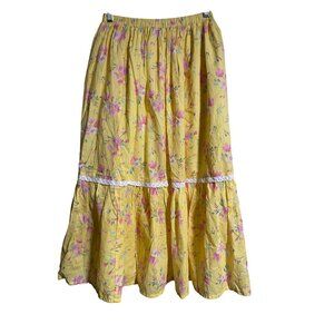 Yellow Floral Kids Maxi Skirt Size L 10/12 Partially Lined Lightweight With Lace